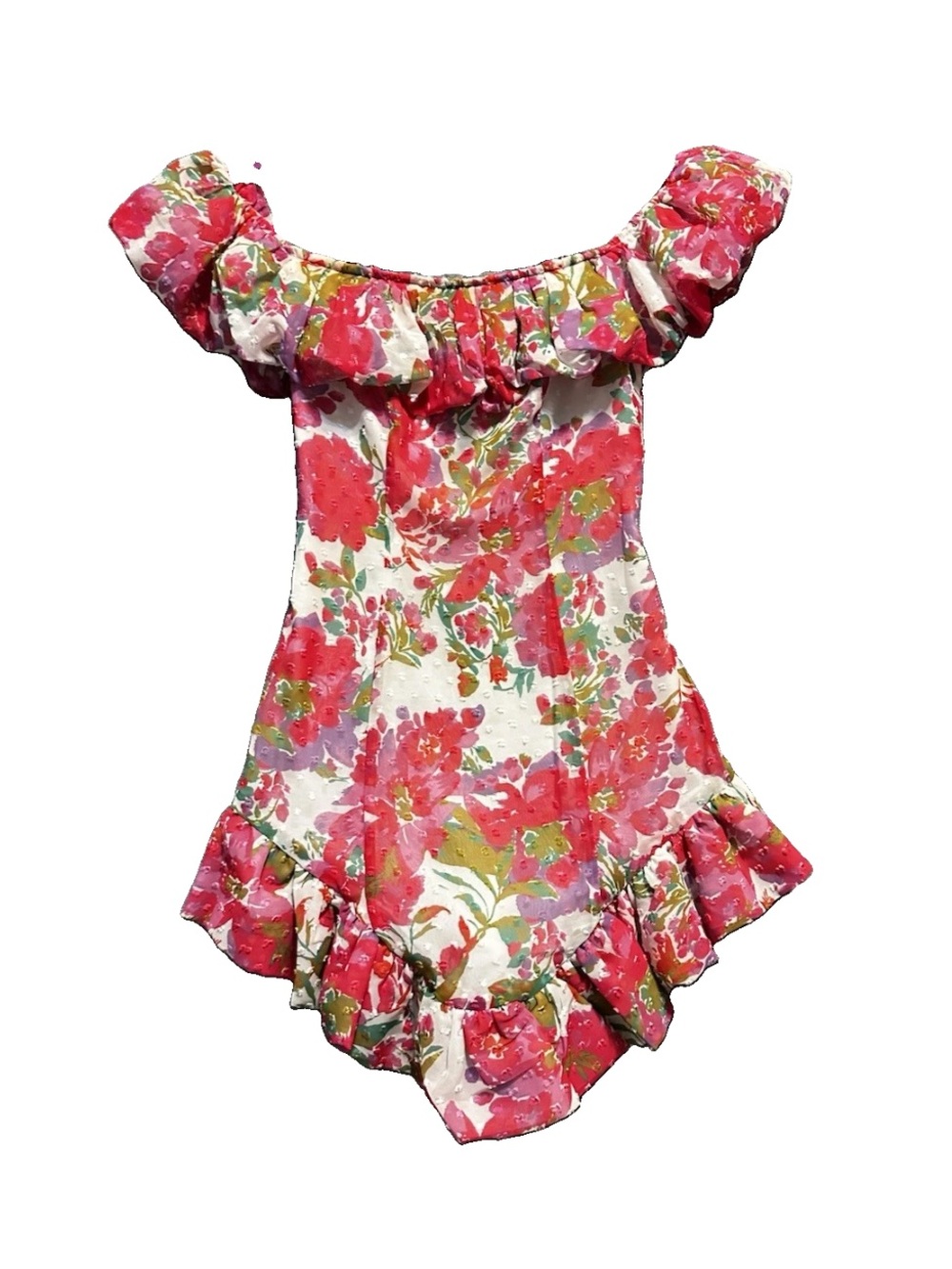 SHEIN Dot Floral Print Mini Dress Pink Off The Shoulders Ruffle Sz XS